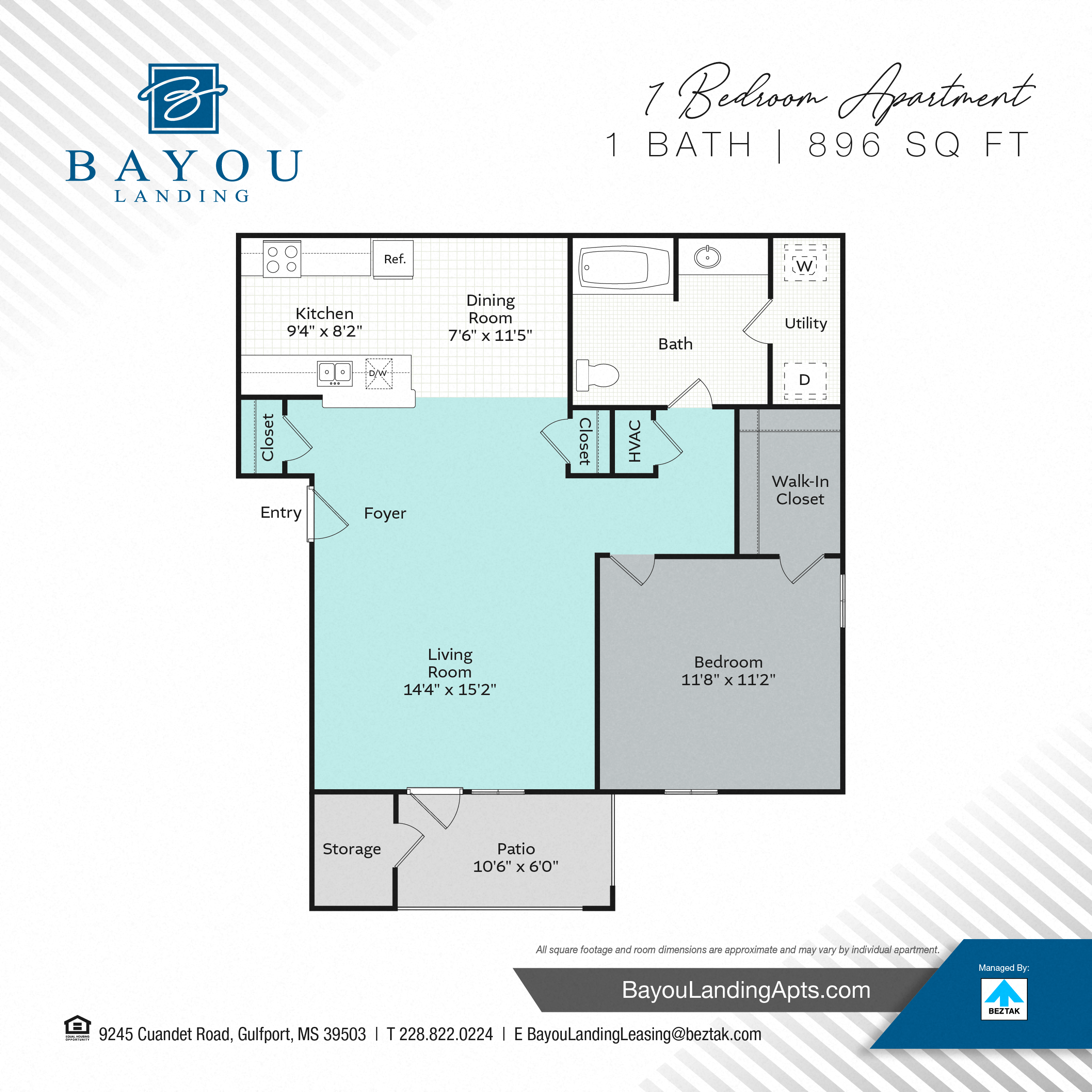 Floor plan for 1 bed, 1 bath, 896 sqft